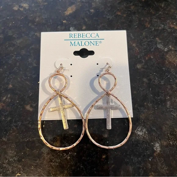 Rebecca Malone Gold and Silver Cross Hoop Earrings - Picture 1 of 3